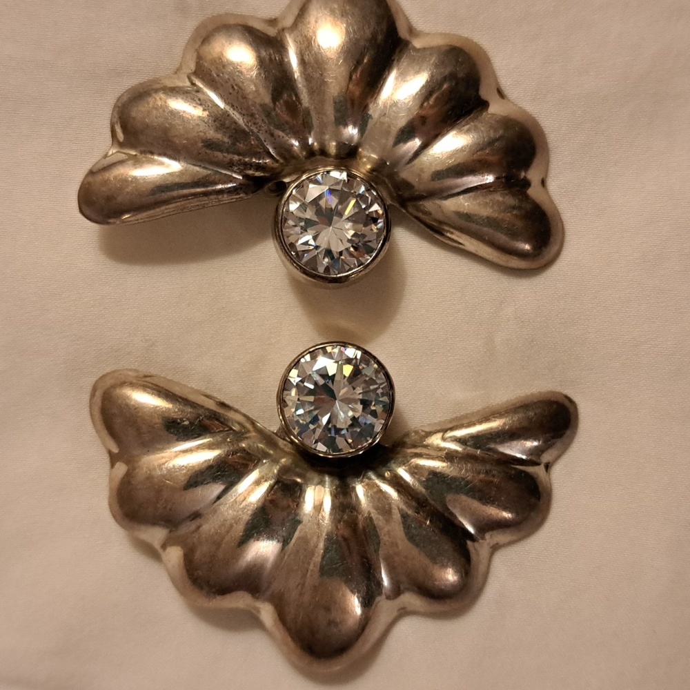 Sterling clip on earrings fan style cubic zirconia vintage from 80s